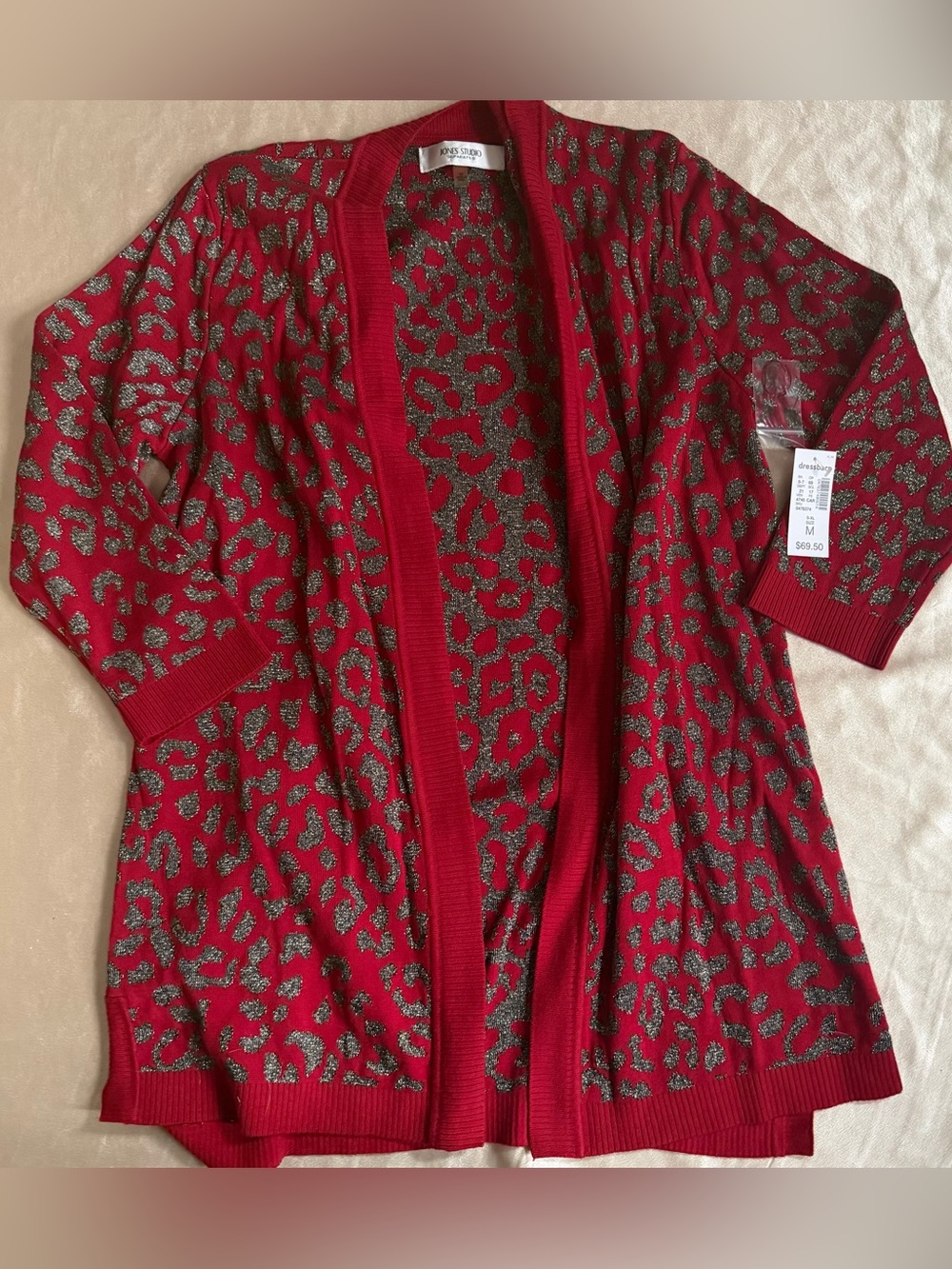 Women’s Jones Studio Metallic Animal Print Open Front Cardigan Sweater M nwt